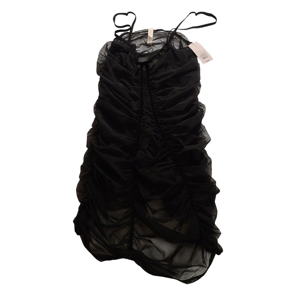 Auden Women's Black Mesh Ruched Baby doll Chemise Spaghetti Straps Size L NWT